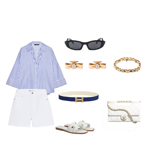 look femme short blanc chemise rayée bleue